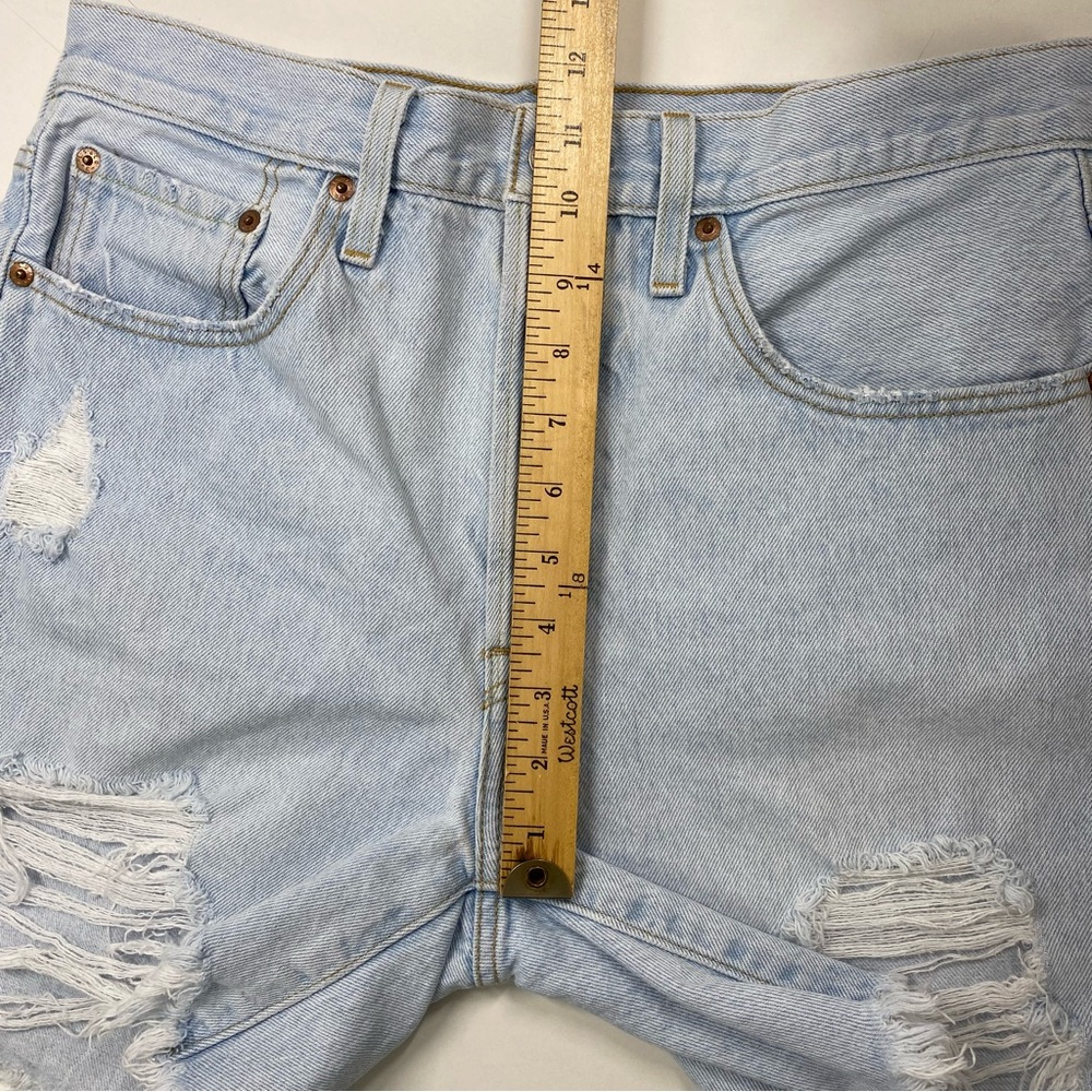 Levi's 501 High Rise Distressed Blue Jean Cutoff Denim Shorts Waist 30 Raw Hem - Picture 10 of 12